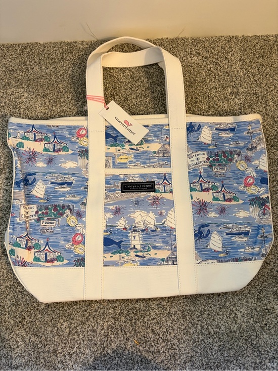 Vineyard Vines Handbags - Vineyard Vines Blue Coastal Scene Canvas Tote with White Trim